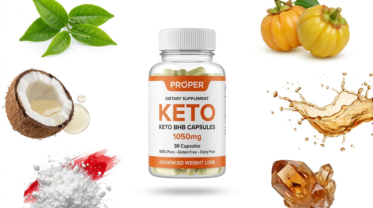 Frasco de Proper Keto rodeado de los componentes de su formula