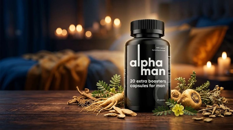 Envase de AlphaMan con maca, ginseng y hierbas andinas - suplemento natural para hombres en Peru