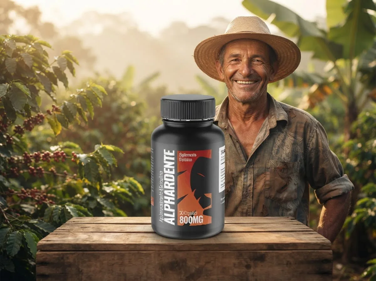 Homem do campo sorrindo ao lado do frasco de Alphardente Cápsulas