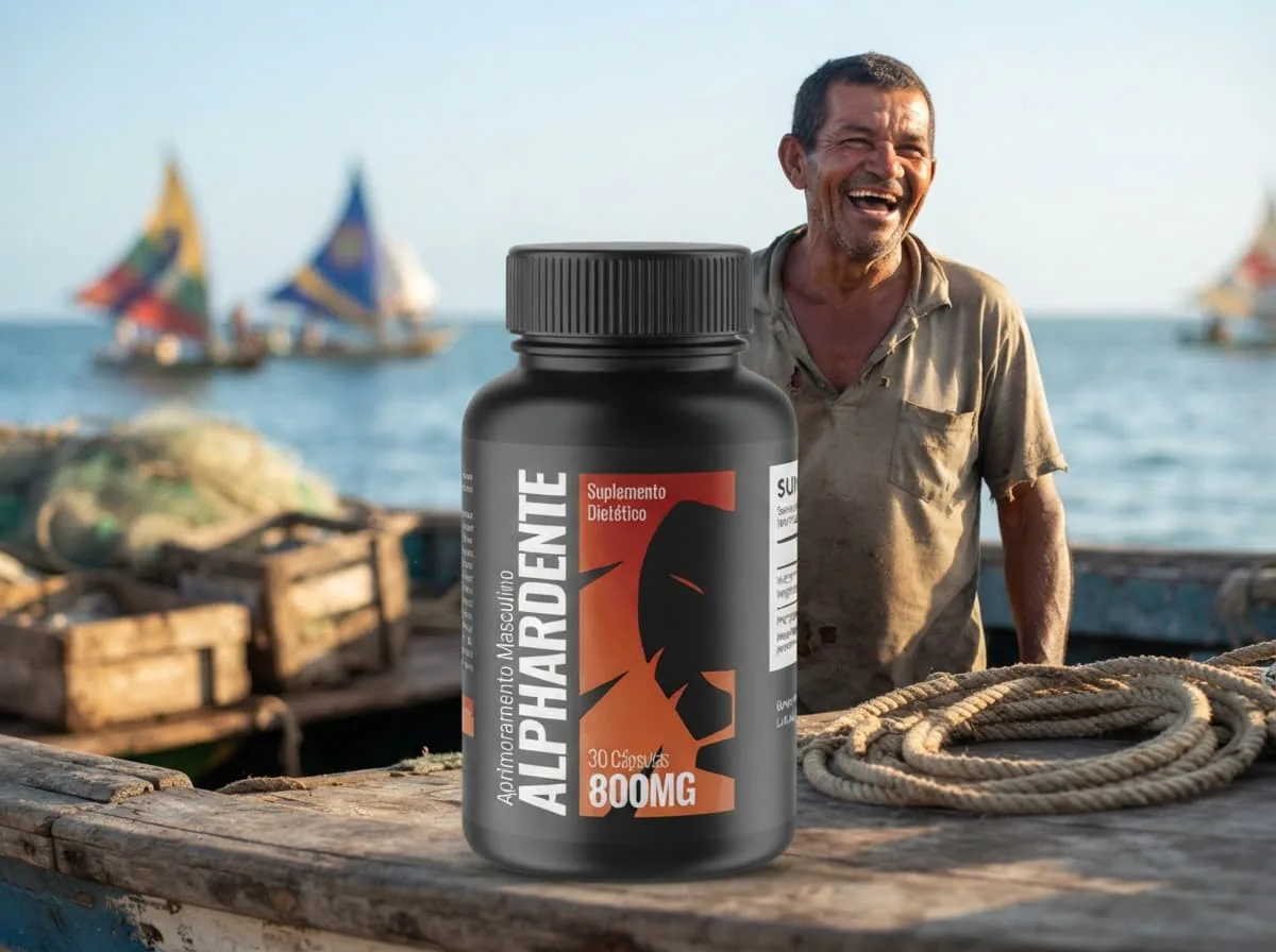 Pescador sorrindo na praia com o frasco de Alphardente Cápsulas