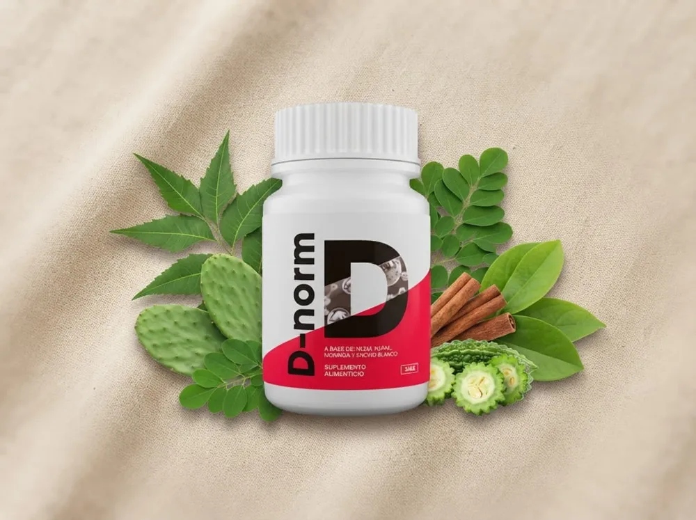 Envase de D-Norm rodeado de nopal, moringa, canela y melón amargo