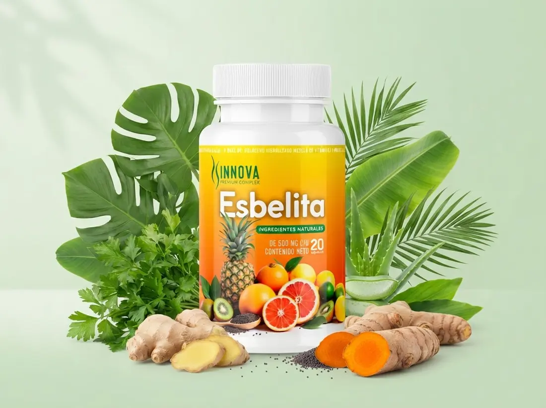 Frasco de Esbelita rodeado de hojas verdes y raíces frescas